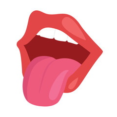 Woman's open mouth with tongue and teeth. Mouth isolated on white background.