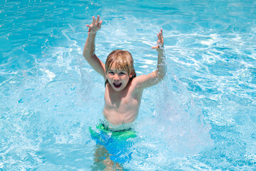 Kids swim swimming pool. Summer vacation concept. Summer kids portrait in sea water on beach. Blue water poolside.