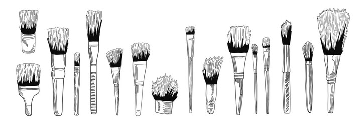 Brushes for drawing and make-up, set, hand-drawn, black on white background. Vector doodle illustration