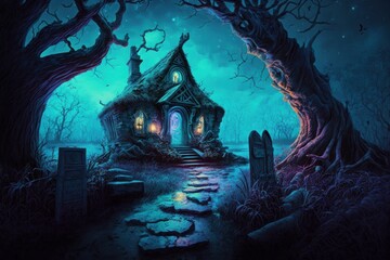 Halloween spooky background with old witch house. Generative AI