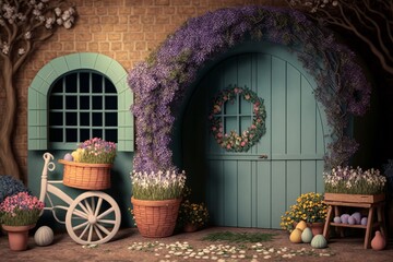 Generative AI of an old door with flowers and a bicycle.