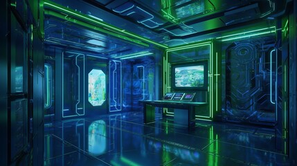 Stunning Luxury Futuristic Interior with Lime Green and Electric Blue Accents, Shiny Walls, and Unique Award-Winning Design - 8K HD Digital Art Wallpaper, Generative AI