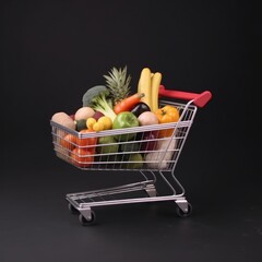 Shopping cart full of fruits on black background. Generative AI.