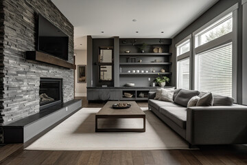 Naklejka na ściany i meble Living room interior in gray and brown colors features gray sofa atop dark hardwood floors facing stone fireplace with built in shelves. Northwest, USA, generative AI