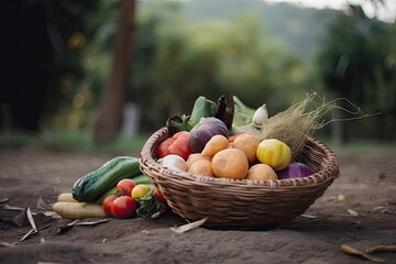 basket vegetables on ground with farm background