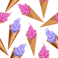 Seamless pattern fruity,colorful,delicious ice cream in waffle cups pink and purple on a white background.Vector pattern for summer designs,restaurant menus,textiles.