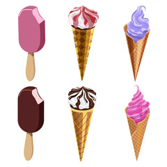 Colorful, delicious ice cream, 6 servings:popsicle,ice cream,fruit,strawberry,chocolate,isolated on a white background.Vector set of ice cream for restaurant menus,summer beach designs,textiles.
