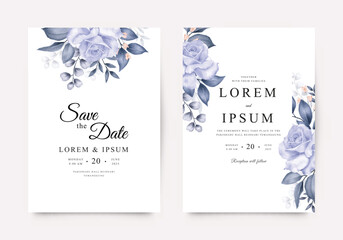 Beautiful wedding invitation template with purple roses and leaves