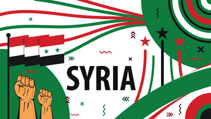 Vector banner design celebrating Syria national day with typography, geometric shapes, flag and fist pump icon. modern retro style background for Syria.