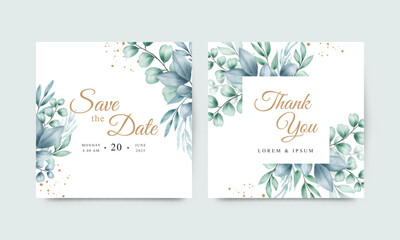 Wedding invitation card set with watercolor leaves