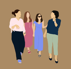 A front view of the friendships of four young female friends walking and talking to each other. girlfriends, holiday, tropical, chatting, candid, flat design illustration