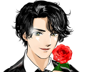 乙女ゲーム風の黒髪パーマのイケメン男性が微笑み薔薇を片手に悩殺する少女漫画イラストと透過背景