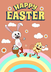 Obraz na płótnie Canvas Happy Easter poster vintageTrendy Easter Groovy 1970 style with bunny, flowers, egg, rainbow