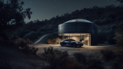 Naklejka na ściany i meble Ultimate Starry Night Drive: Sleek Home with Observatory & Electric Car for Stargazing & Cosmic Adventures on Highways and Mountain Landscapes, Generative AI