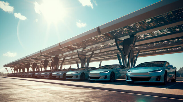 Electric Cars Parked in Shade of Solar Panel Carport, Sustainable Transportation Concept, Generative AI