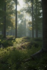 Sunlit forest in a natural environment