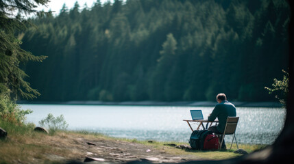 Young Nomad Working Remotely by Lake in the Countryside, Generative AI