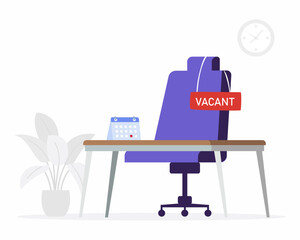 Workplace in the office with an empty chair and a vacancy sign. concept of We're hiring.