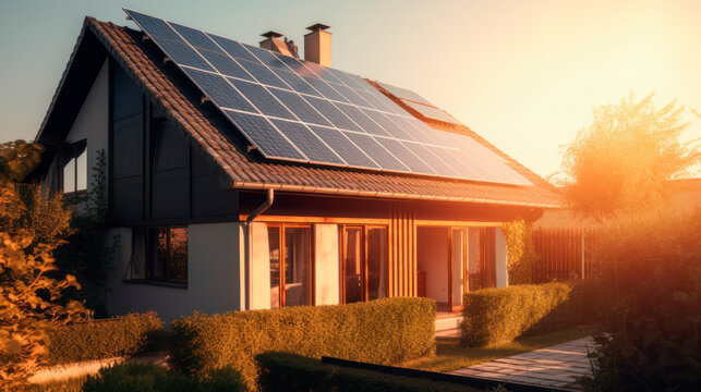 Sustainable Single-Family Home with Rooftop Solar Panels and Garden Surroundings, Generative AI