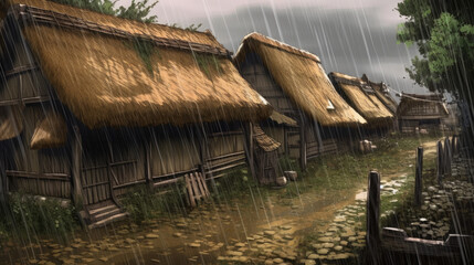 Heavy rain pounded against the roof of medieval buldings