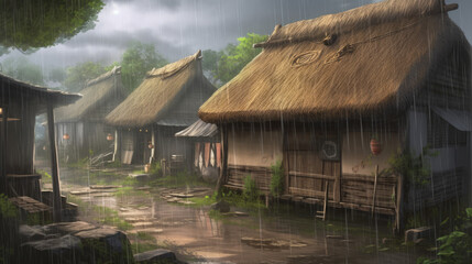 Fototapeta na wymiar Heavy rain pounded against the roof of medieval buldings
