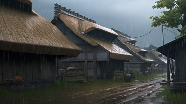 Heavy rain pounded against the roof of medieval buldings