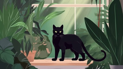 A curious black cat with green eyes, generative ai