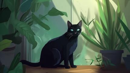A curious black cat with green eyes, generative ai