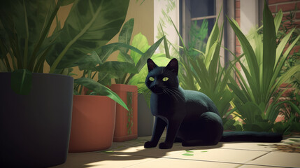A curious black cat with green eyes, generative ai