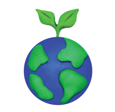 Earth day symbol vector made from plasticine, consisting of world planet and a little seedling, young plant  isolated on white background