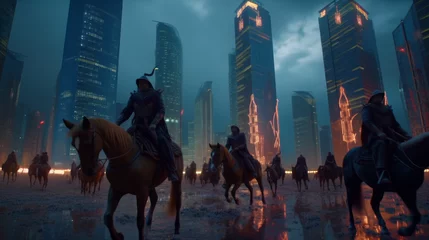 Foto op Canvas A mongolian horde on horseback invading a modern city, generative ai © TheGoldTiger