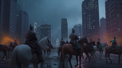 A mongolian horde on horseback invading a modern city, generative ai
