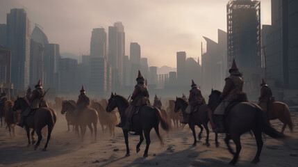A mongolian horde on horseback invading a modern city, generative ai