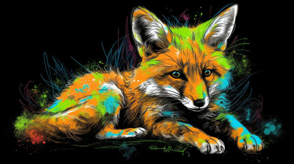 A painting of a small fox baby made from neon colors on dark background, generative ai