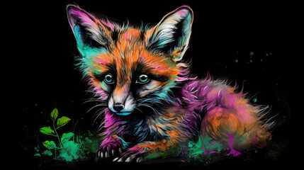 A painting of a small fox baby made from neon colors on dark background, generative ai