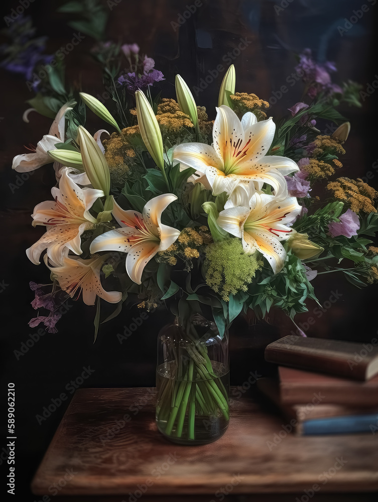 Canvas Prints Romantic bouquet with lilies in retro style. AI generated