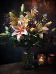 Romantic bouquet with lilies in retro style. AI generated