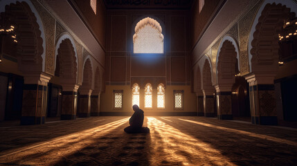 A person praying during Ramadan in a beautiful mosque, generative ai