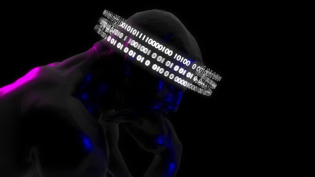 3D The Thinker Statue with Binary Code Animation. Greek Sculpture In Modern Art Style. NFT Cryptoart Concept. 4K