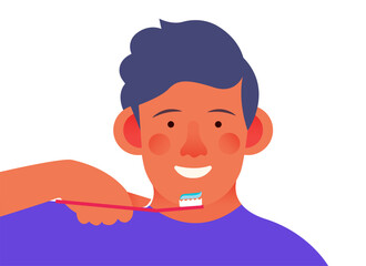 Cropped Happy Smiling Child Brush Teeth Holding Brush with Toothpaste. Modern Flat Vector Illustration.