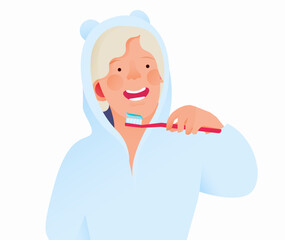 Cropped Happy Smiling Child Brush Teeth Holding Brush with Toothpaste in Bathrobe with Ears. Modern Flat Vector Illustration.