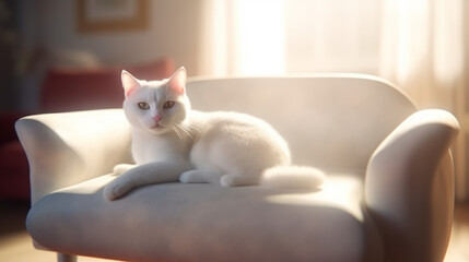 Cute fluffy white cat on white sofa in sunny day, generative ai
