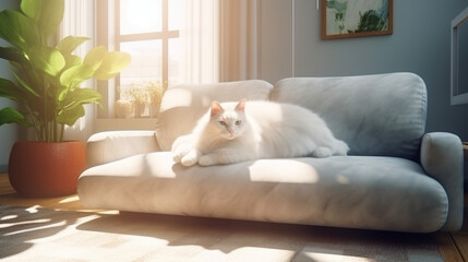 Fototapeta na wymiar Cute fluffy white cat on white sofa in sunny day, generative ai 