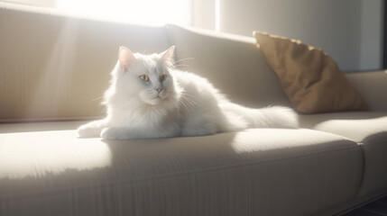 Cute fluffy white cat on white sofa in sunny day, generative ai
