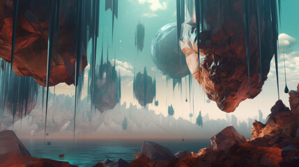 A surreal otherworld landscape where are floating rocks, generative ai