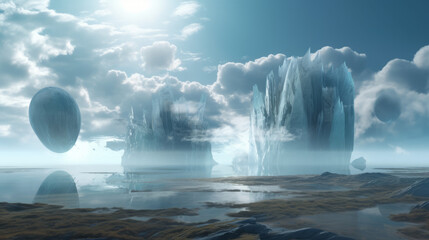 A surreal otherworld landscape where are floating rocks, generative ai
