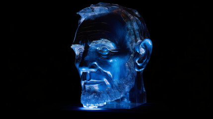 Abraham lincoln head made out of flass with blue color, generative ai