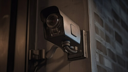 American house surveillance camera mounted on a wall, generative ai