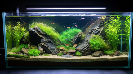 Aquascaped aquarium with no fish and green plants, generative ai