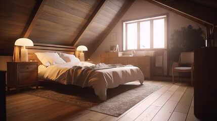 Attic bedroom with a large bed and sun from findow, generative ai